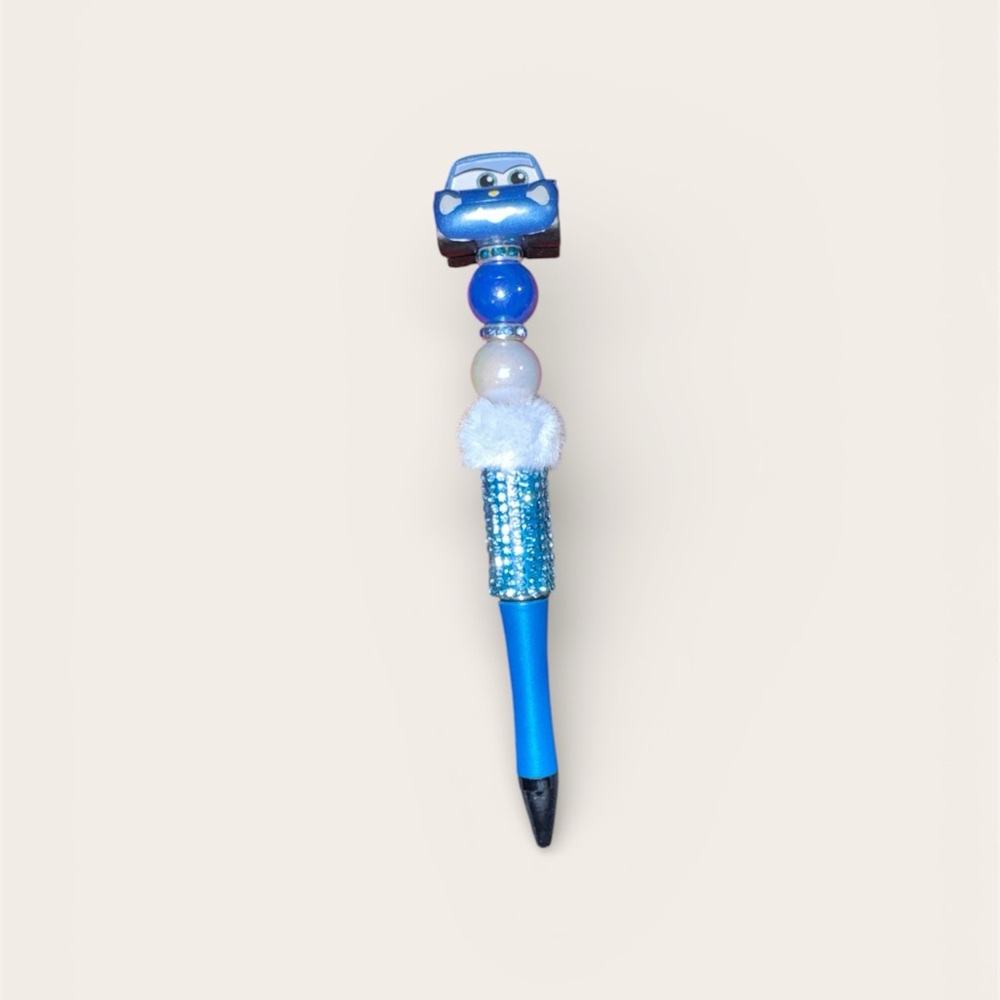 Sally from cars pens with blue Pom and blue beads
